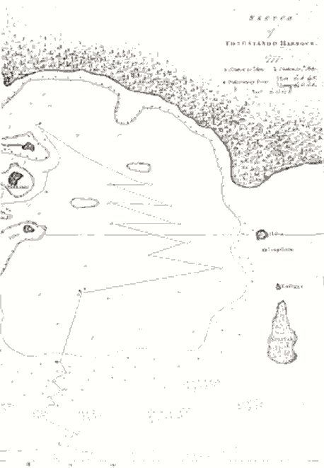 The first recorded Map of Tongataboo Harbour as sketched by Captain Cook in 1777. The map clearly shows the Bay of Nukuʻalofa and his anchored position near Pangaimotu. Small islands of Nukuʻalofa were named with phonetic spelling, including Atata, P