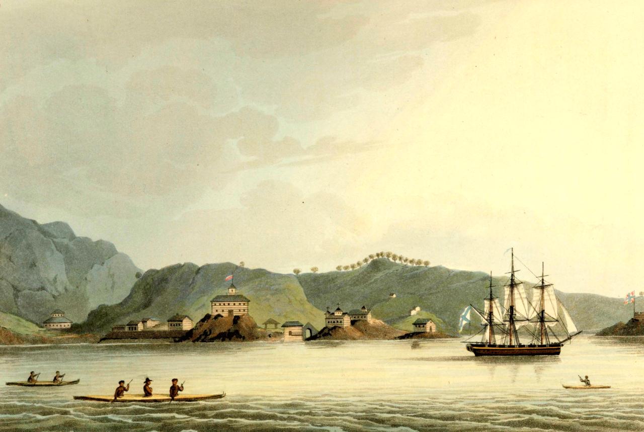 The Russian sloop of war Neva visits Kodiak, Alaska in 1805