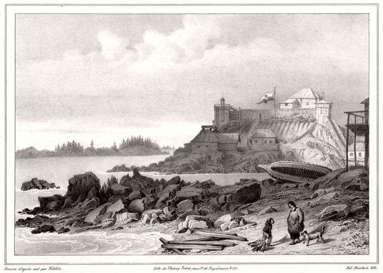 Gajaa Héen (Old Sitka), c. 1827. The new Russian palisade atop "Castle Hill" (Noow Tlein) that surrounded the Governor's Residence had three watchtowers, armed with 32 cannons, for defense against Tlingit attacks.