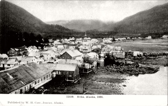 Looking past downtown Sitka, up Indian River valley, in an 1886 postcard. Probably taken from Castle Hill.