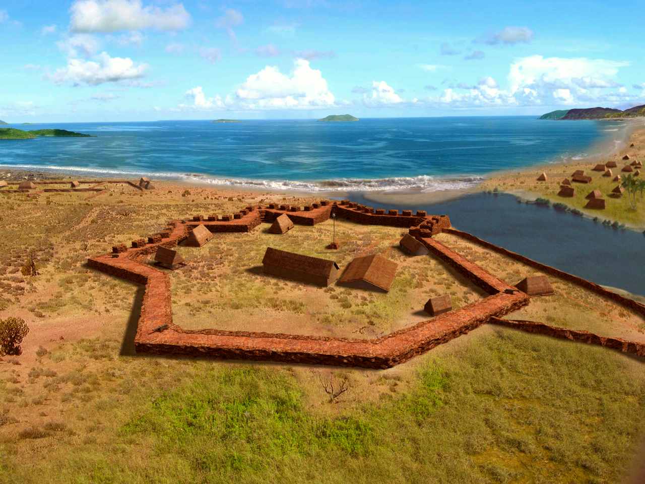 Artist's impression of Russian Fort Elizabeth overlooking Waimea Bay, Kauaʻi