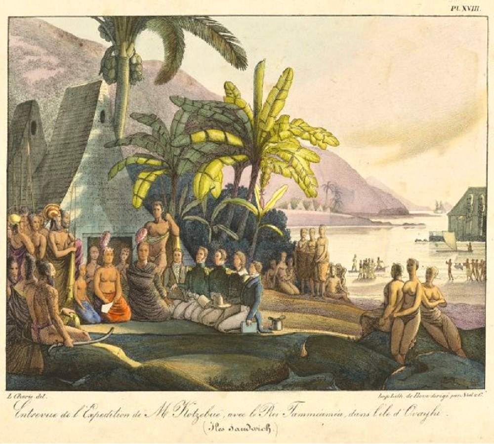 King Kamehameha's court at Kailua-Kona, receiving Otto von Kotzebue in 1816