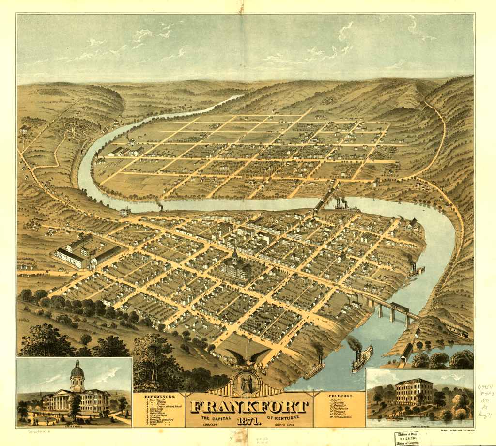Downtown Frankfort is seen in the foreground, while South Frankfort lies across the river in the background. Fort Hill is in the lower left-hand corner (1871).