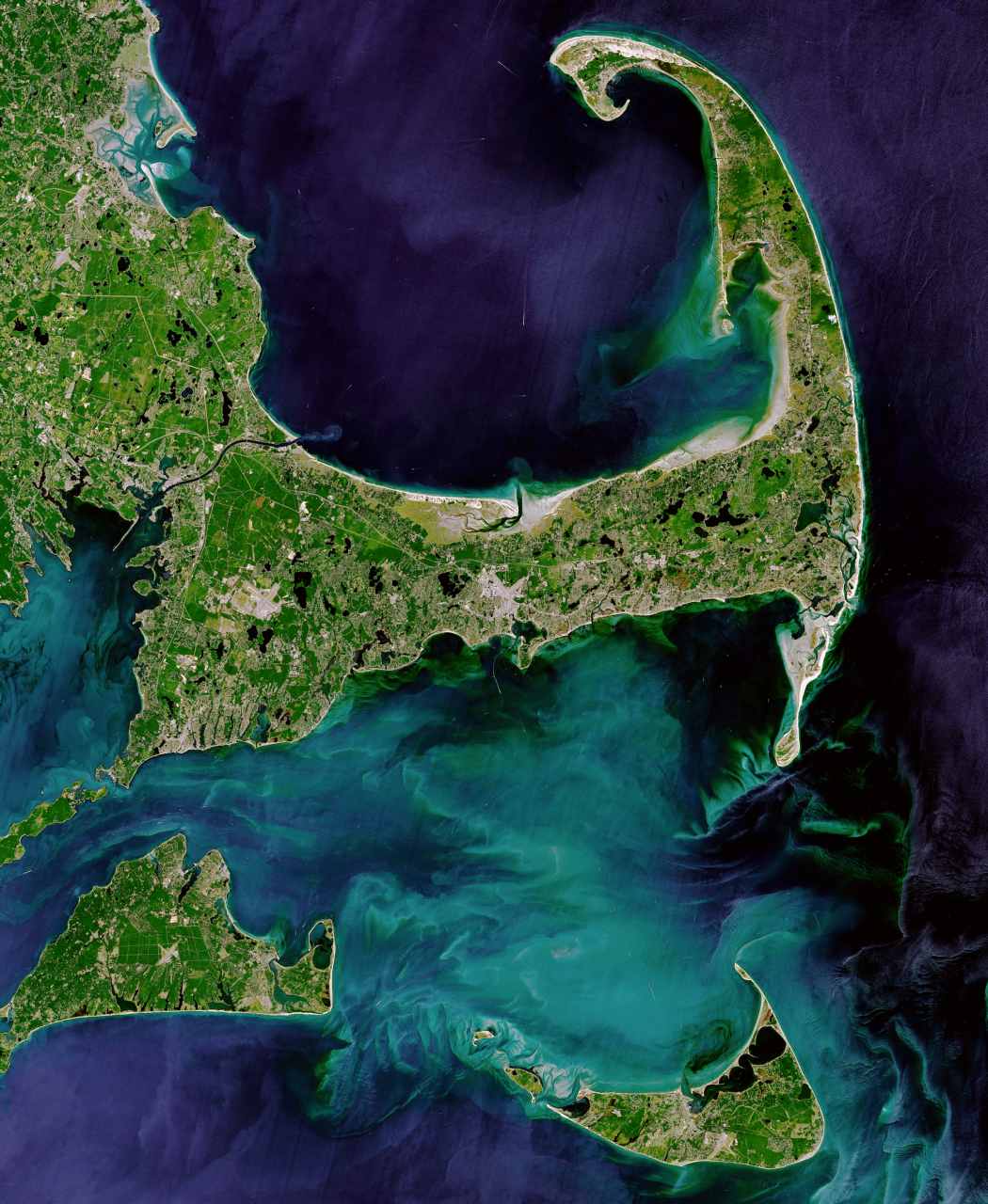 The Cape and Islands: Cape Cod (center to top-center), Martha's Vineyard (bottom left), and Nantucket (bottom right)