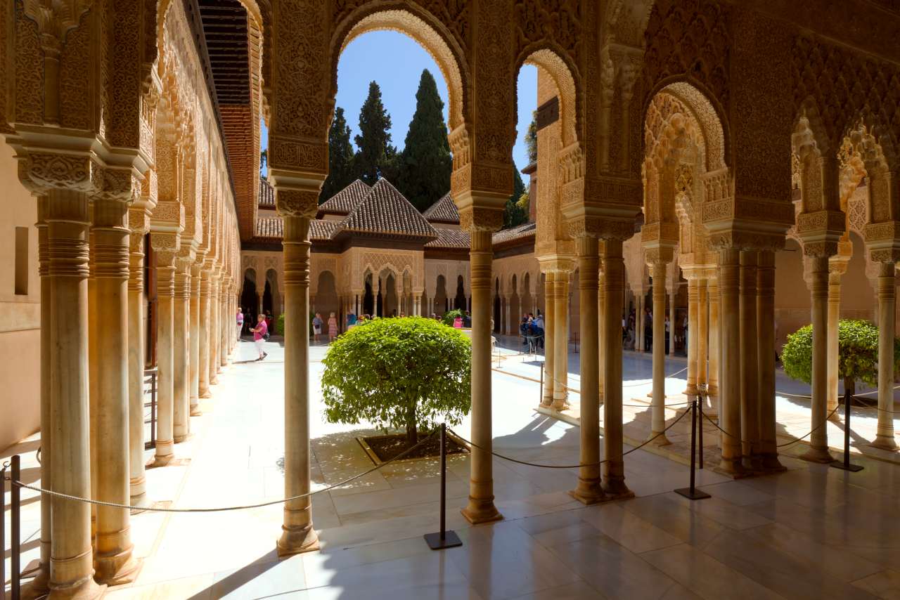 The Court of the Lions (Patio de los Leones) in the Alhambra complex, in Granada.