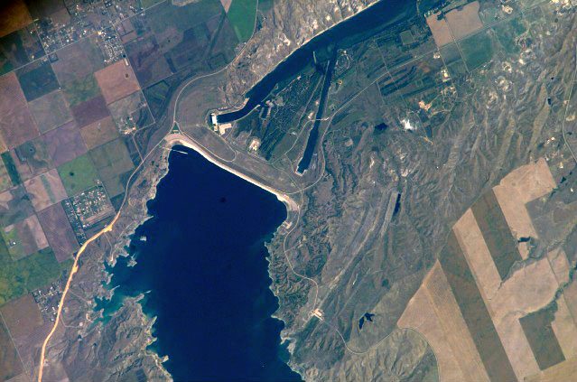 Photograph of the Oahe Dam, several miles north of Pierre, taken from the International Space Station (ISS)