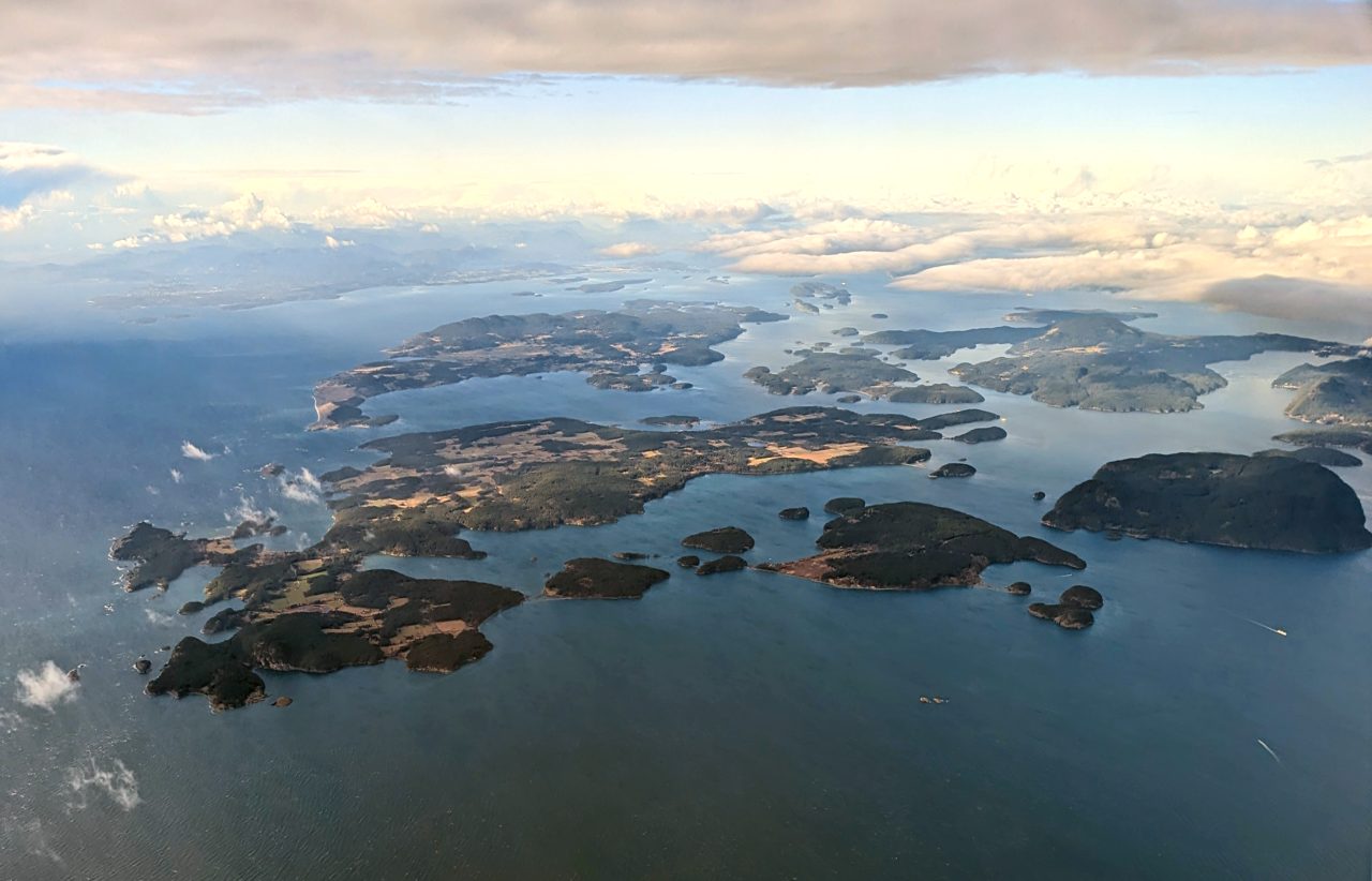 Aerial view of the San Juan Islands from the southeast showing Lopez Island in the foreground