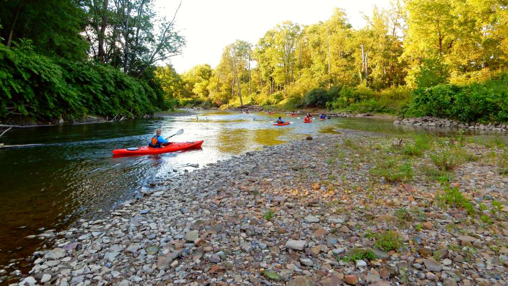 People in bright orange kayaks paddle around a bend in a river, past green trees and a rocky shore.